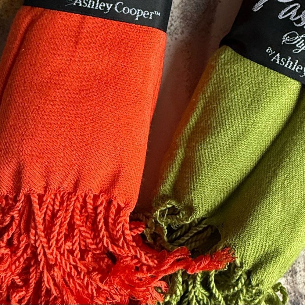 Ashley Cooper Pashmina Style Shawl/Scarf Vibrant Orange & Olive Green (Set of 2) - Picture 3 of 4